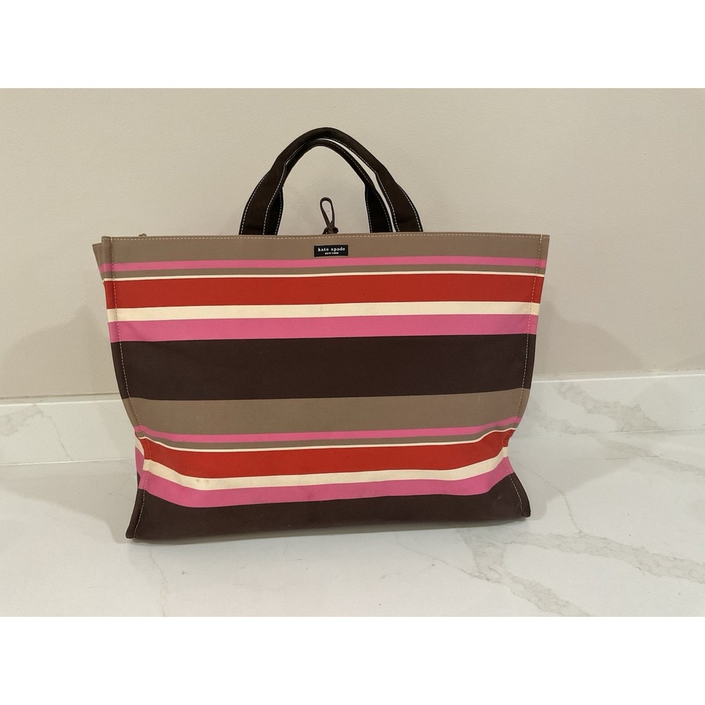 Kate Spade New York Canvas XL Striped Tie Tote Bag Brown Pink Tan Red luggage